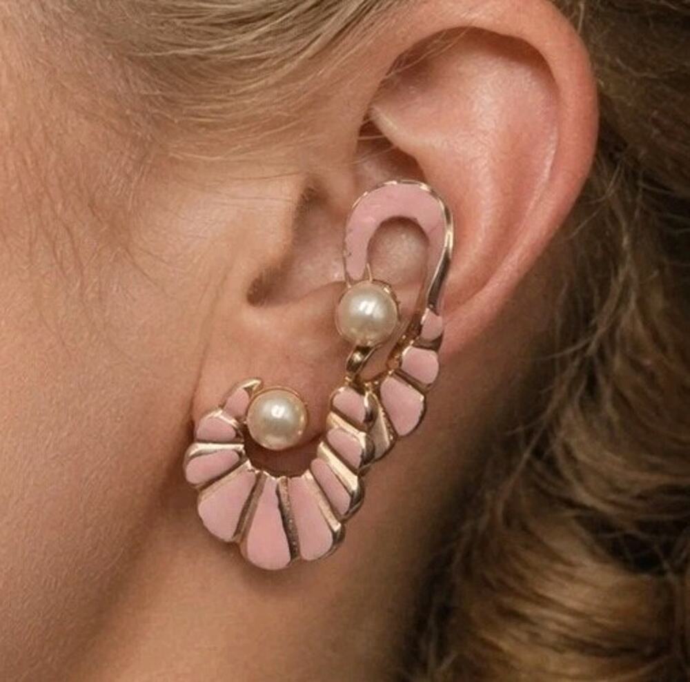 Vintage Climber Earrings Oversize Sculptural Pink Enamel Clip on Bold Faux Pearl